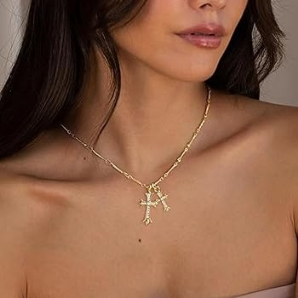 GOLD PLATED DOUBLE CROSS NECKLACE NWOT!
